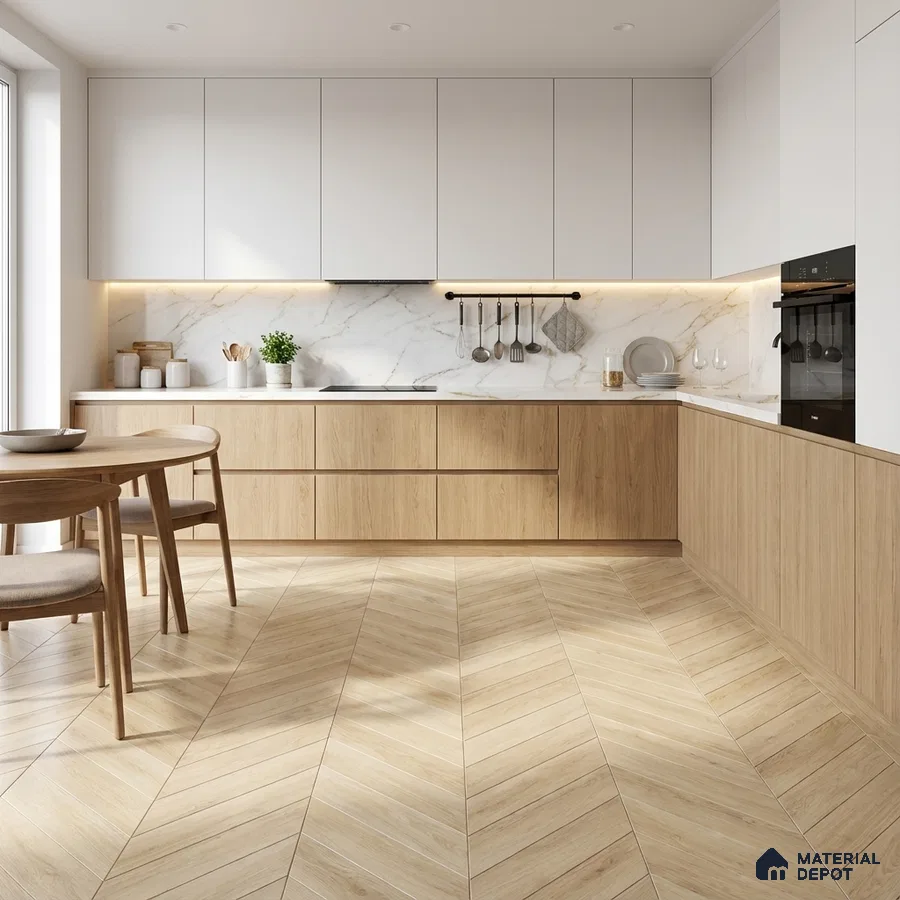 Scandinavian kitchen with white laminate cabinets, oak wood laminate base, marble backsplash, and chevron wood-look floor tile