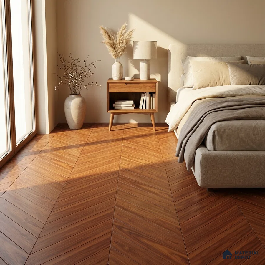 Scandinavian bedroom with chevron walnut wood flooring and beige upholstered bed