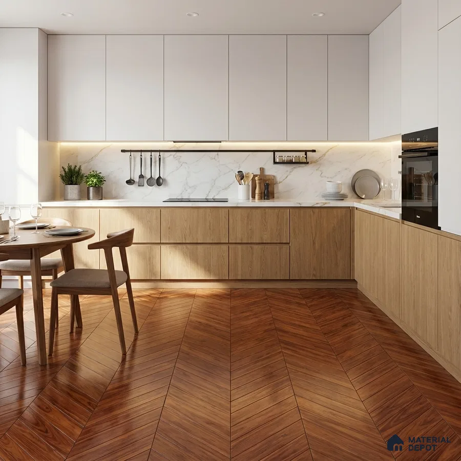 Scandinavian kitchen with white laminate, oak wood laminate, marble backsplash, and chevron wood flooring