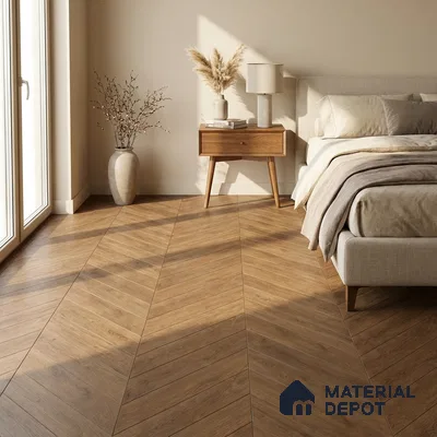 Mid-century modern bedroom with chevron oak wood flooring and beige upholstery