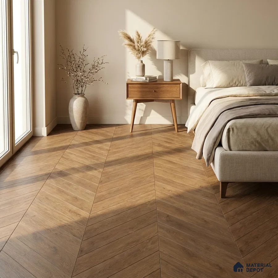 Mid-century modern bedroom with chevron oak wood flooring and beige upholstery