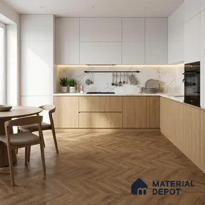 Scandinavian kitchen with white laminate, natural oak laminate, marble backsplash, and herringbone wood floor tile