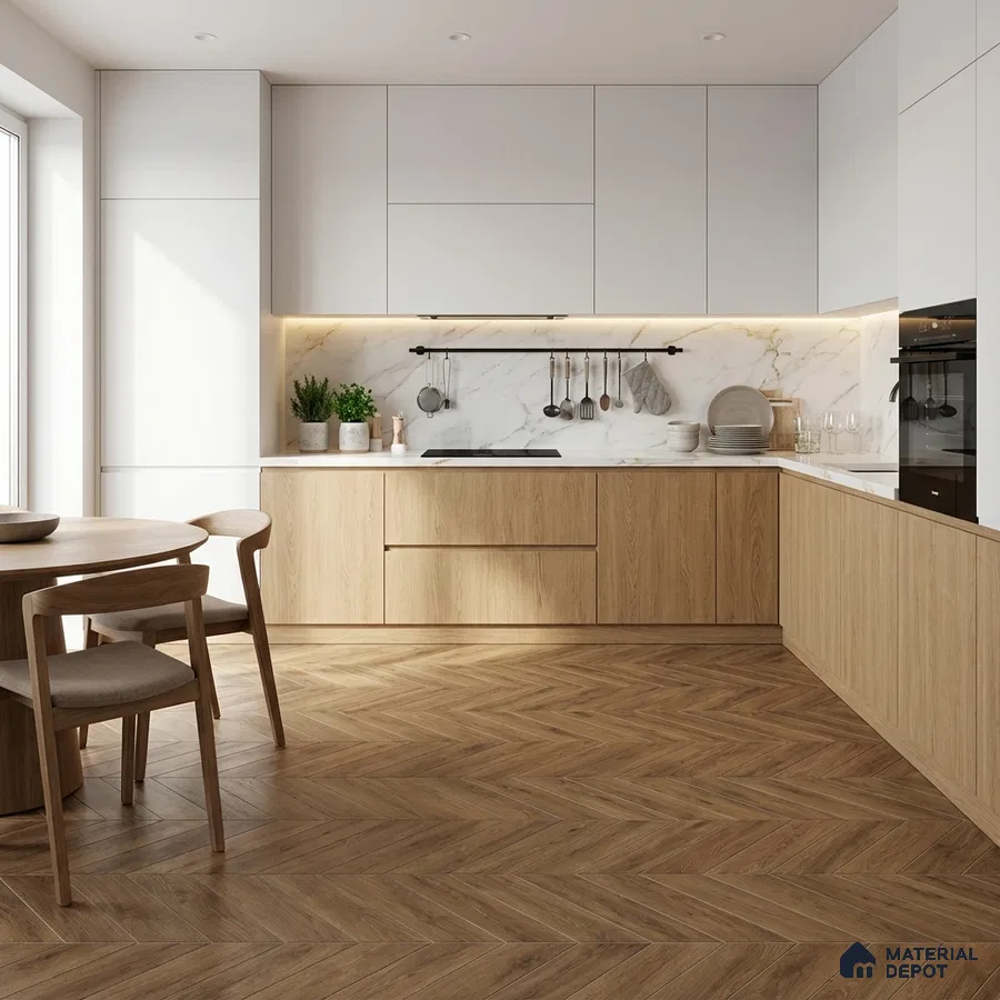 Scandinavian kitchen with white laminate, natural oak laminate, marble backsplash, and herringbone wood floor tile
