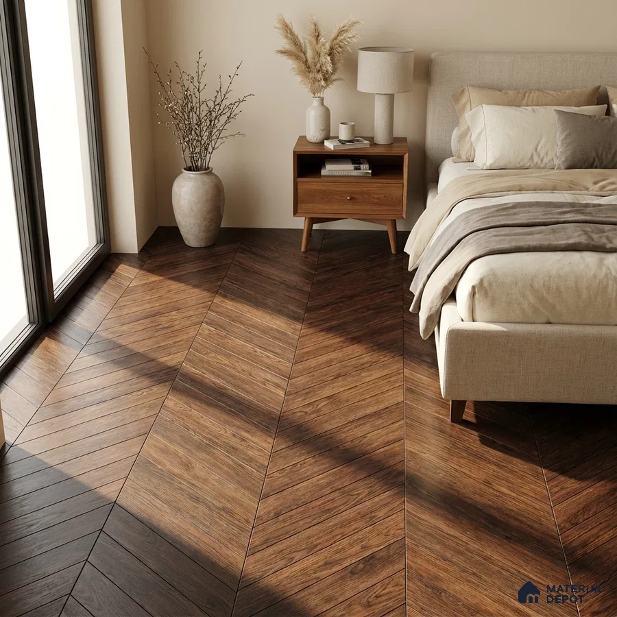 Mid-century modern bedroom with walnut chevron wood flooring and beige upholstery
