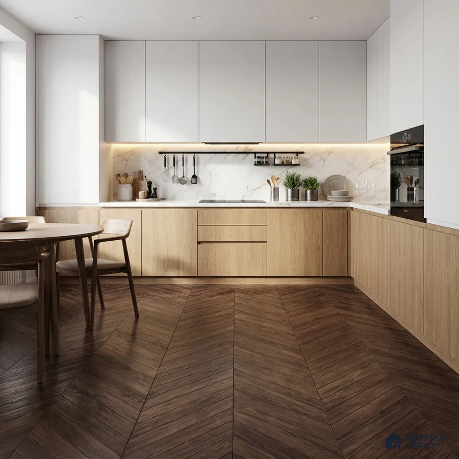 Scandinavian kitchen with light oak laminate, white solid laminate, marble-look backsplash, and herringbone wood floor tile