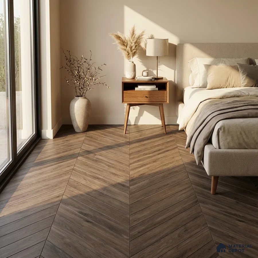 Scandinavian bedroom with chevron wood flooring and beige upholstered bed