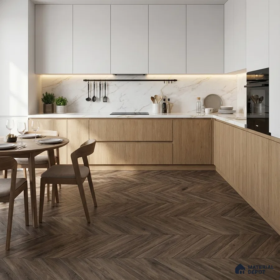 Scandinavian kitchen with white laminate cabinets, oak wood laminate base, marble backsplash, and herringbone wood floor tile