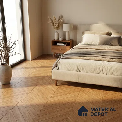 Scandinavian bedroom with chevron wood floor tile and beige upholstered bed