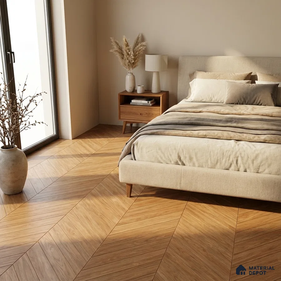 Scandinavian bedroom with chevron wood floor tile and beige upholstered bed