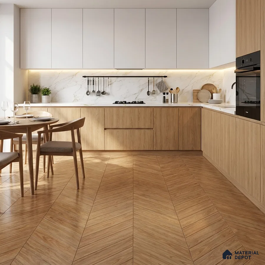 Scandinavian kitchen with oak wood laminate, white marble backsplash, and chevron wood floor tile