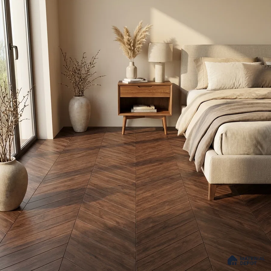 Mid-century modern bedroom with chevron walnut wood flooring and beige upholstered bed