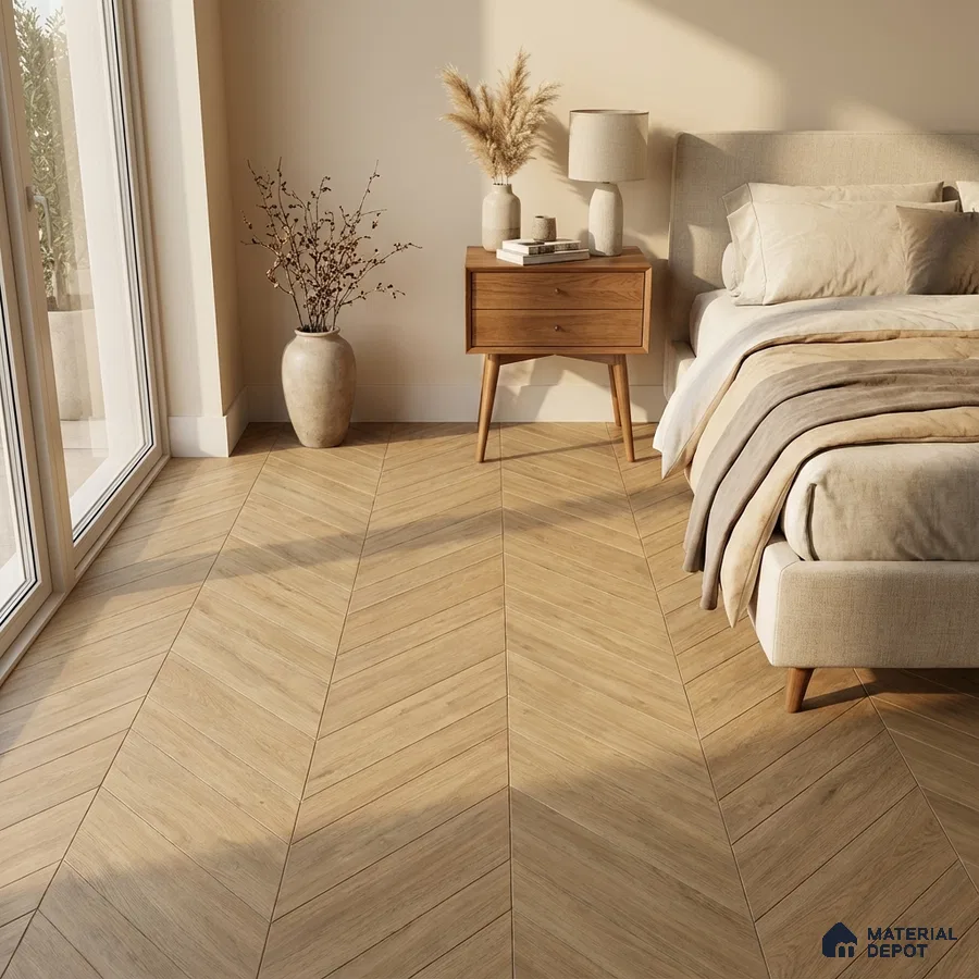 Scandinavian bedroom with chevron oak wood flooring and beige fabric bed