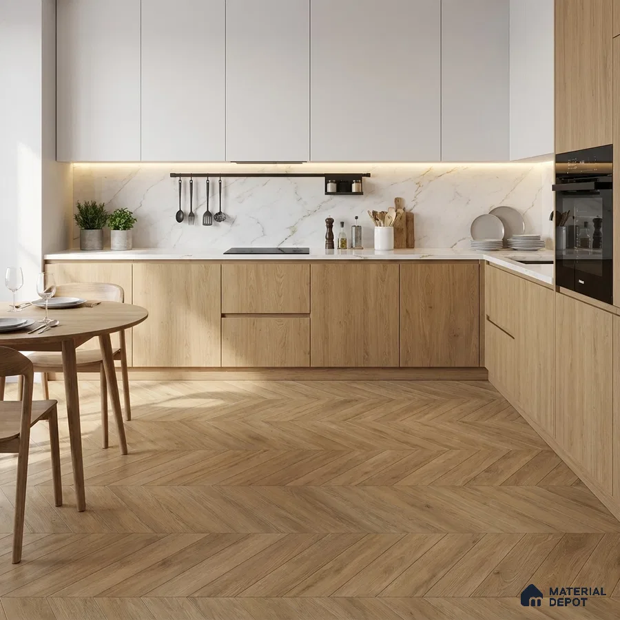 Scandinavian kitchen with oak wood laminate cabinets, white marble backsplash, and herringbone wood floor tile