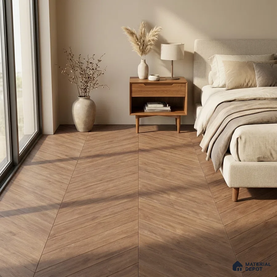Scandinavian bedroom with chevron wood-look floor tile and beige upholstered bed