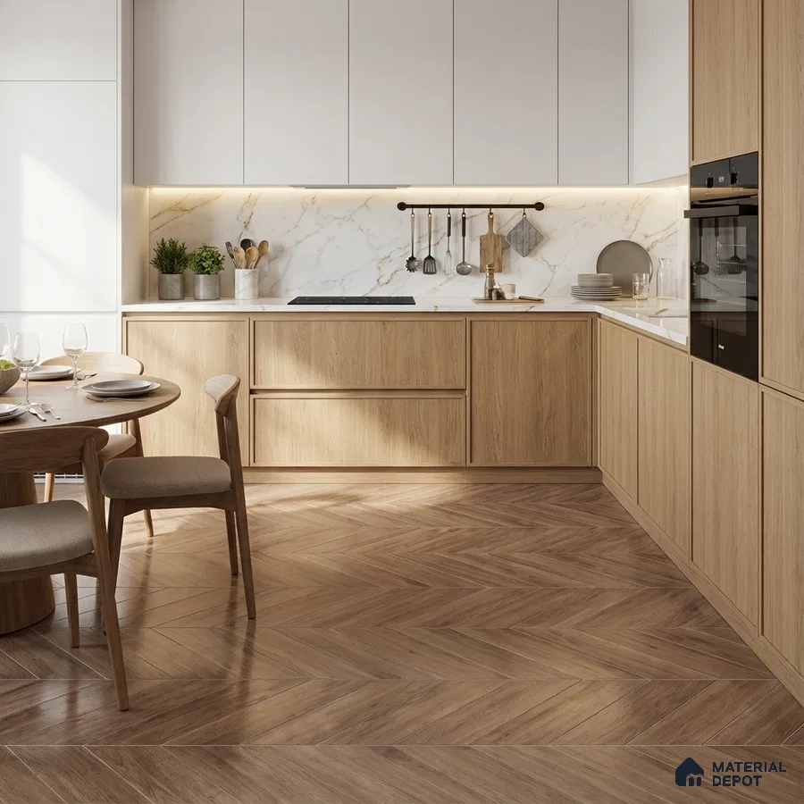 Scandinavian kitchen with oak wood laminate cabinets, white marble backsplash, and herringbone wood floor tile