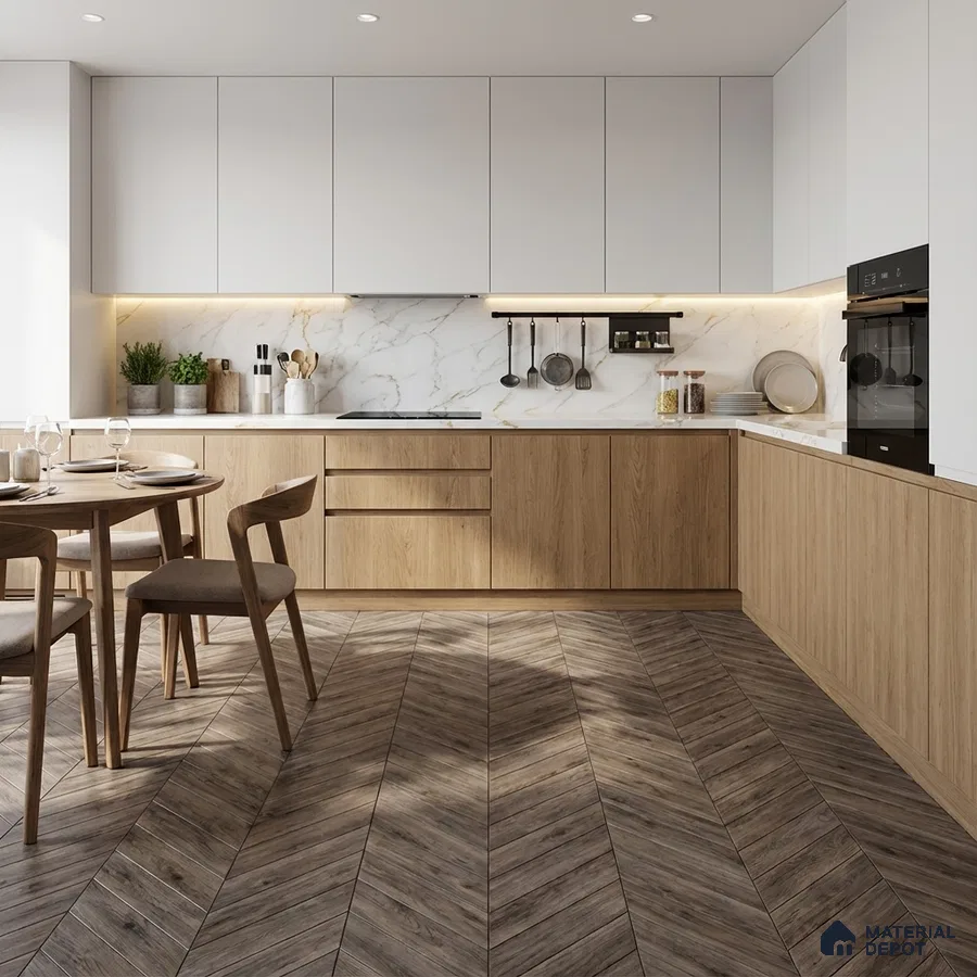 Scandinavian kitchen with oak wood laminate, white solid laminate, marble backsplash, and herringbone wood floor tile