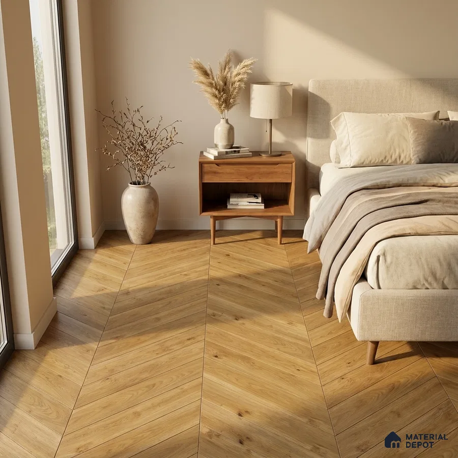 Scandinavian bedroom with chevron oak wood flooring and beige upholstered bed