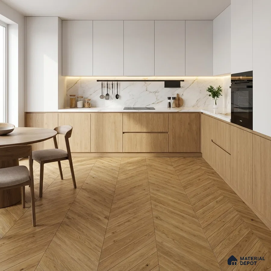 Scandinavian kitchen with oak wood laminate, white solid laminate, marble backsplash, and chevron wood flooring