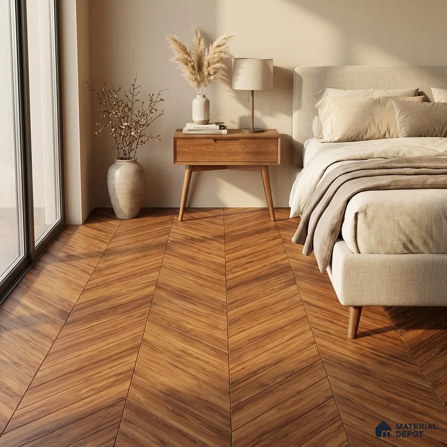Mid-century modern bedroom with chevron oak wood flooring and beige upholstery
