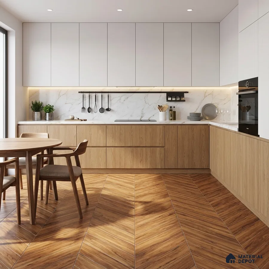 Scandinavian kitchen with white laminate, natural oak laminate, marble backsplash, and chevron wood-look floor tile