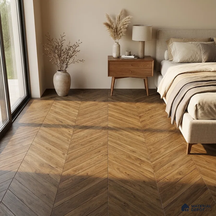 Scandinavian bedroom with chevron oak wood flooring and beige walls