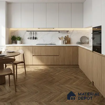 Scandinavian kitchen with oak wood laminate, white marble backsplash, and herringbone wood floor tile