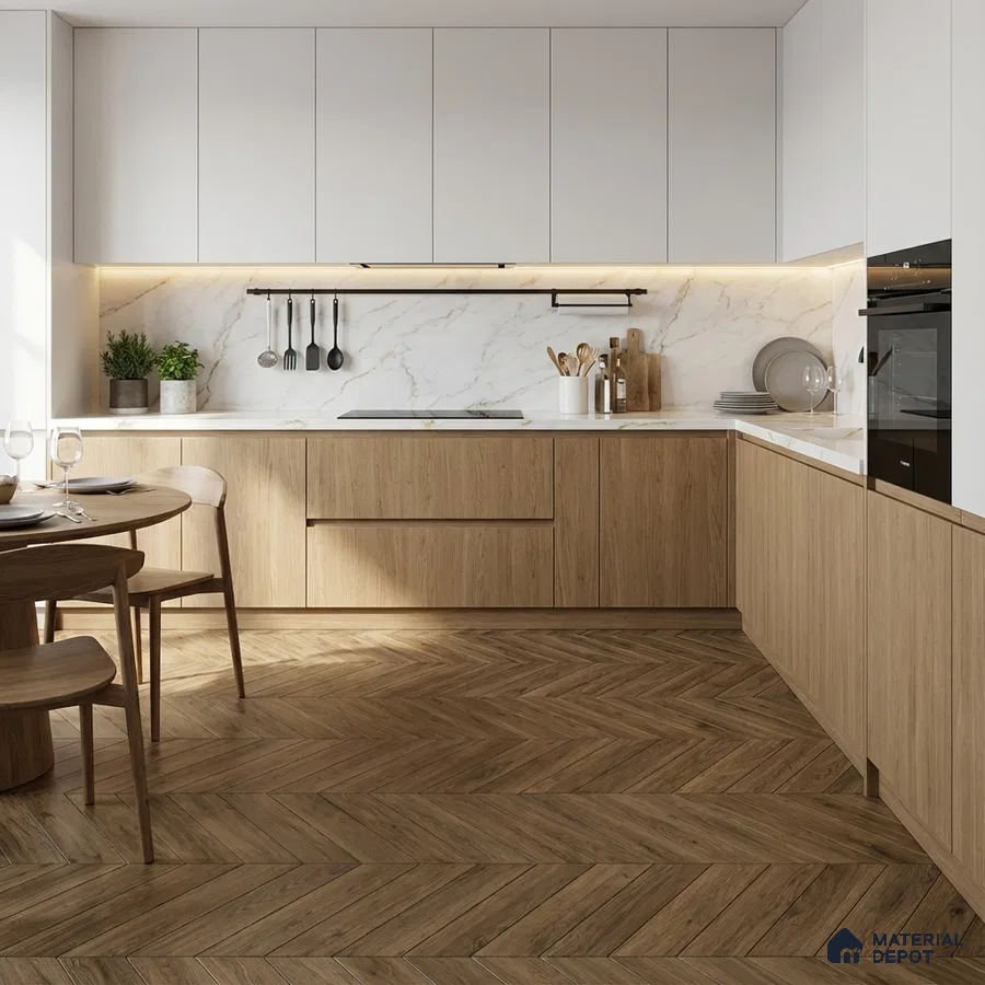 Scandinavian kitchen with oak wood laminate, white marble backsplash, and herringbone wood floor tile