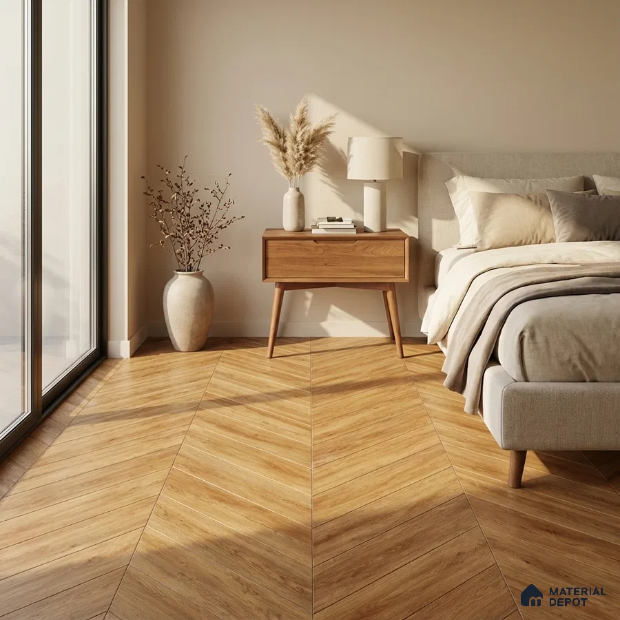 Scandinavian bedroom with chevron oak wood flooring and beige fabric upholstery