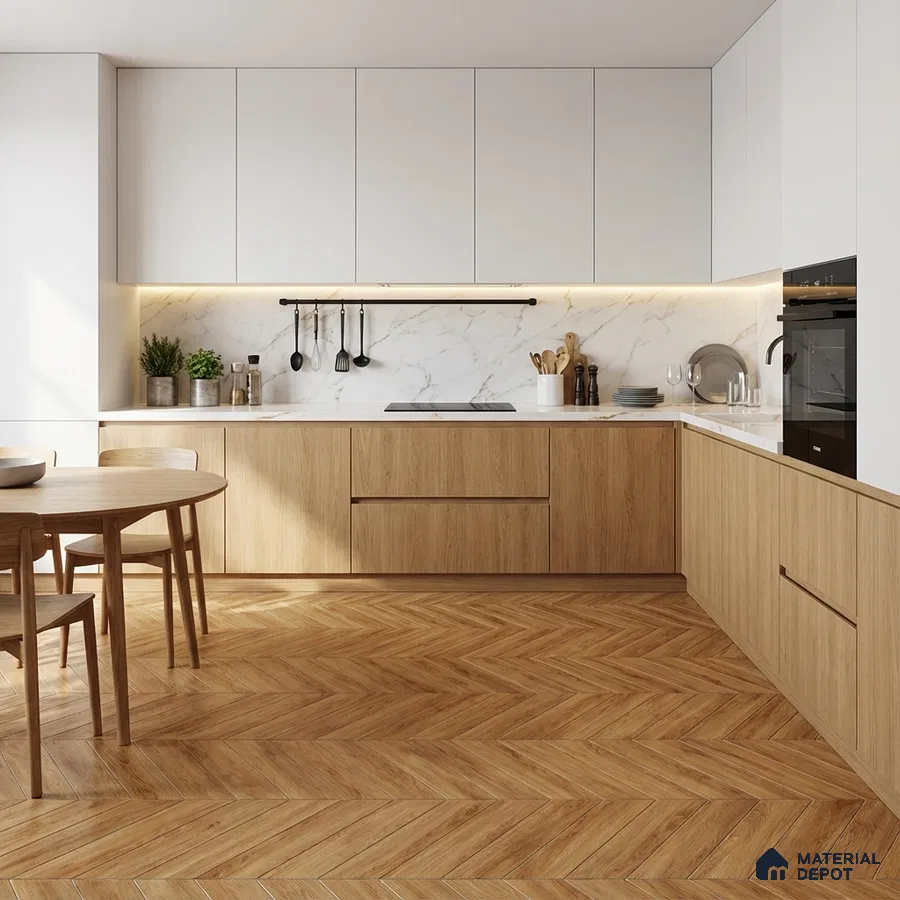 Scandinavian kitchen with oak wood laminate, white marble backsplash, and herringbone wood floor tile