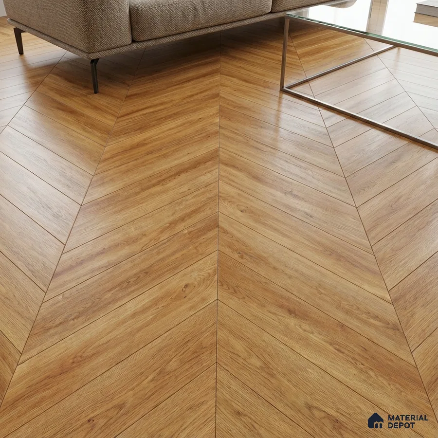 Modern living room with chevron oak wood flooring and glass coffee table