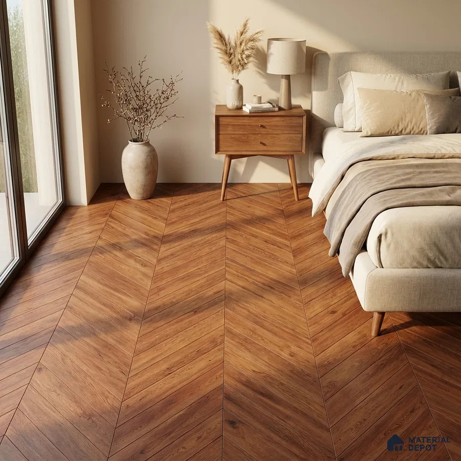 Mid-century modern bedroom with chevron oak wooden flooring and beige upholstery