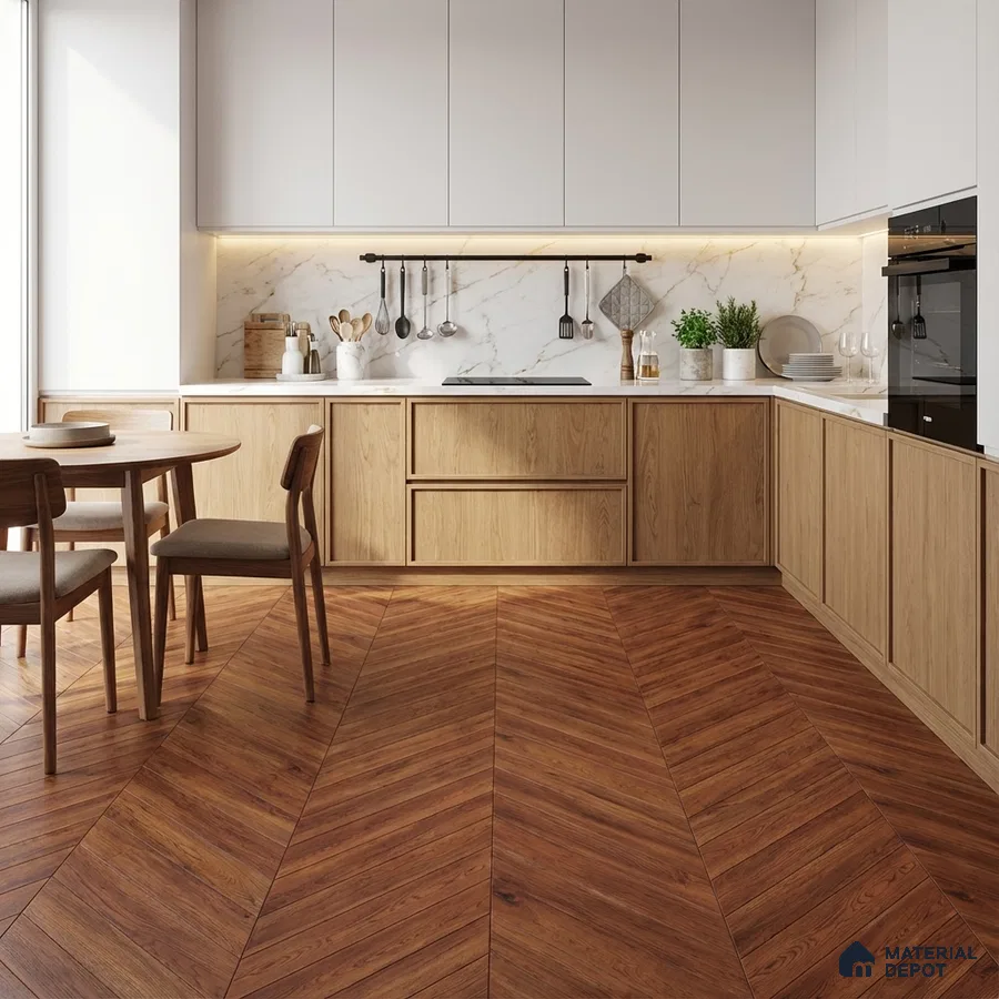 Scandinavian kitchen with oak wood laminate cabinets, white marble backsplash, and chevron wood flooring