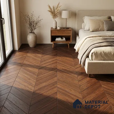 Scandinavian bedroom with chevron walnut wood flooring and beige fabric bed