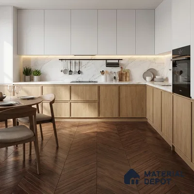 Scandinavian kitchen with white laminate, light oak laminate, marble backsplash, and chevron wood floor tile