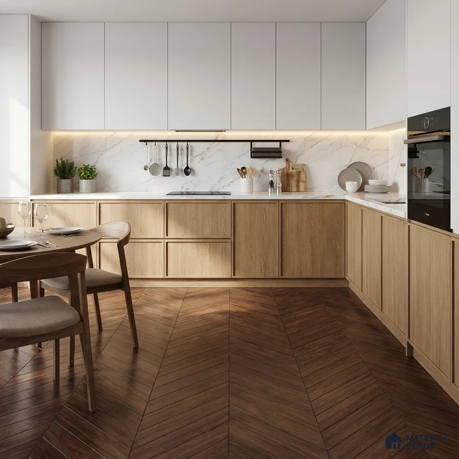 Scandinavian kitchen with white laminate, light oak laminate, marble backsplash, and chevron wood floor tile