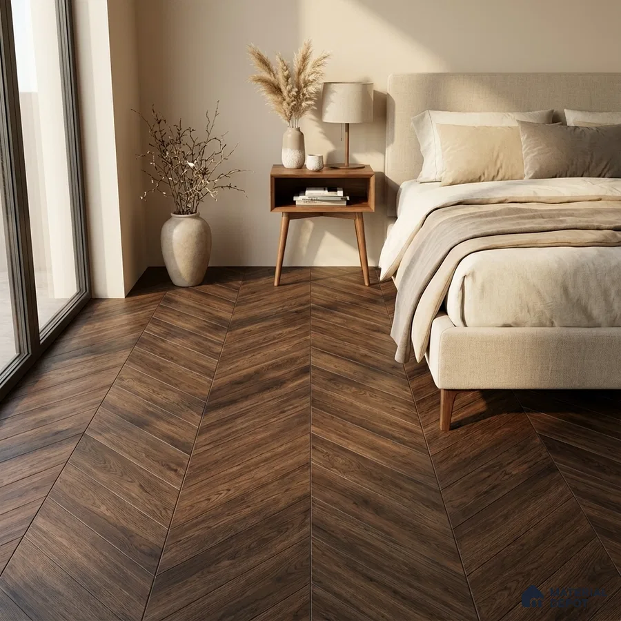 Mid-century modern bedroom with chevron walnut wood flooring and beige upholstered bed