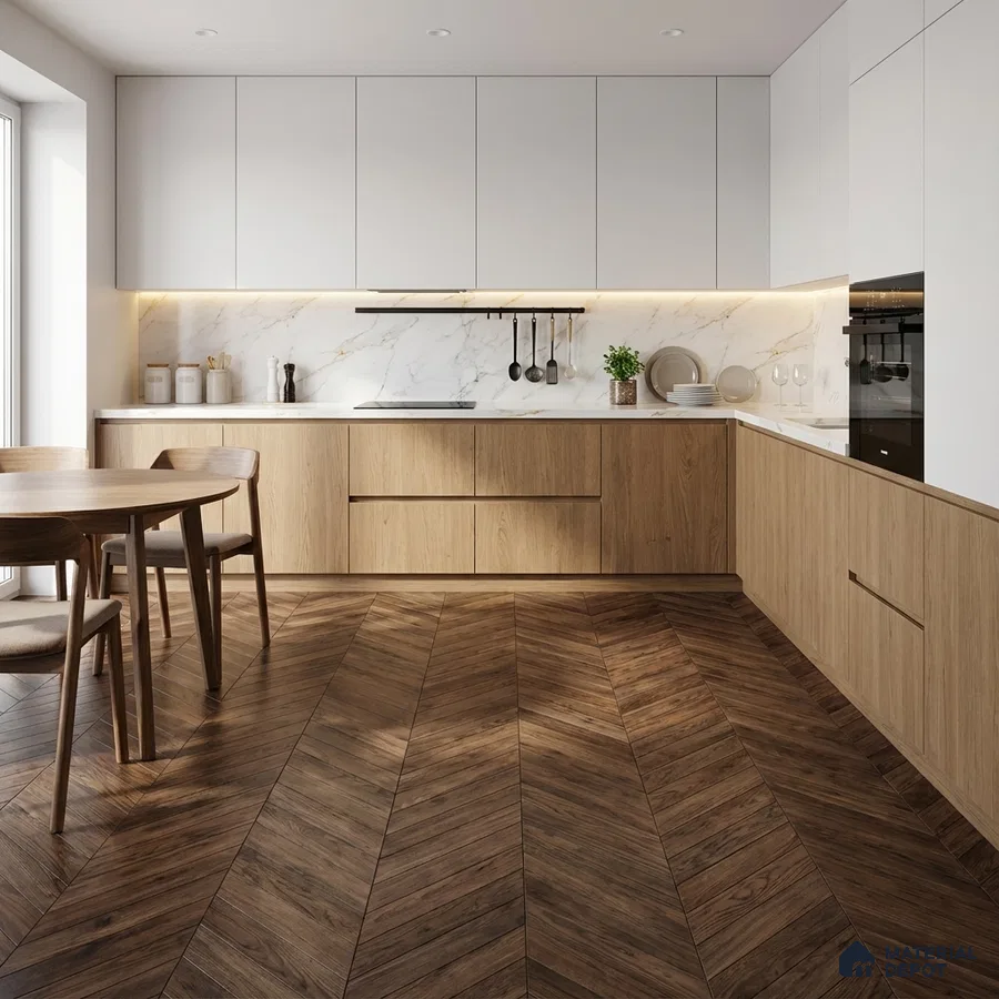Scandinavian kitchen with white laminate cabinets, light oak wood laminate, marble backsplash, and chevron wood flooring