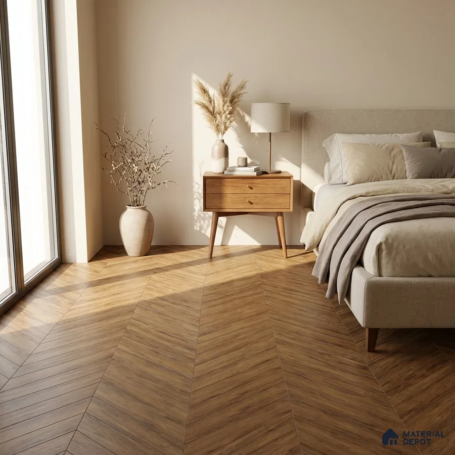 Scandinavian bedroom with chevron oak wood flooring and beige fabric bed