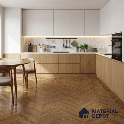 Scandinavian kitchen with oak wood laminate, white solid laminate, marble backsplash, and chevron wood floor tile