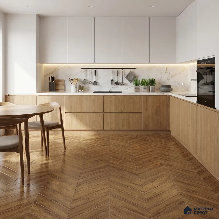 Scandinavian kitchen with oak wood laminate, white solid laminate, marble backsplash, and chevron wood floor tile