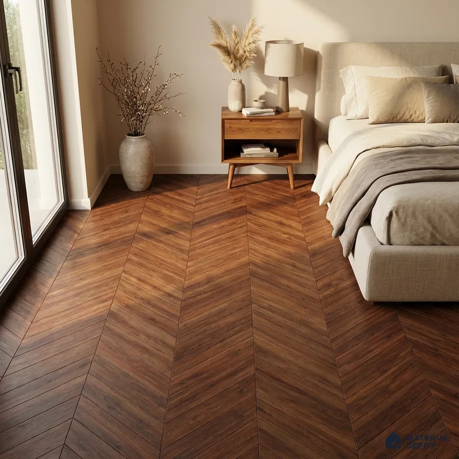 Mid-century modern bedroom with chevron walnut wood flooring and beige upholstery