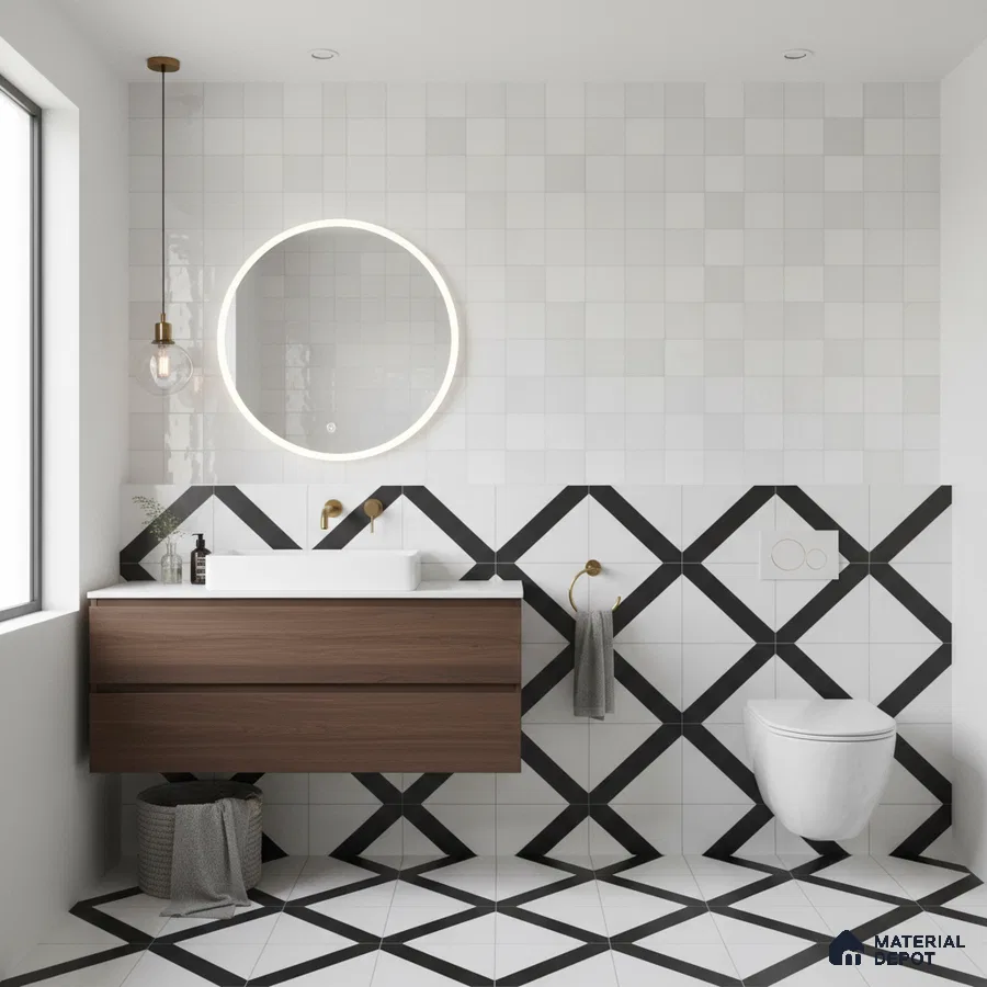 Minimalist kitchen with white square wall tiles, terrazzo countertop, and matte white laminate cabinets