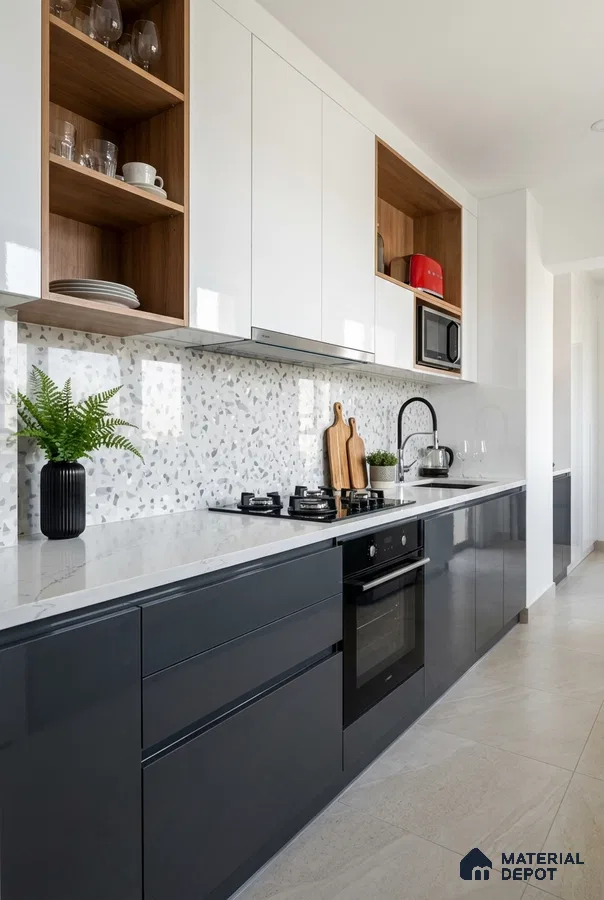 Modern kitchen with white and grey high gloss laminate, terrazzo backsplash tile, and white quartz countertop