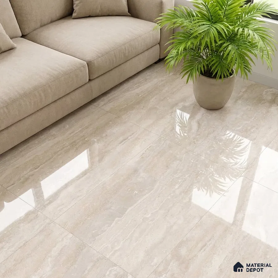 Modern living room with beige marble-look polished floor tiles and neutral fabric sofa