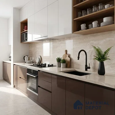 Modern kitchen with glossy brown and white laminate, beige marble backsplash, and countertop