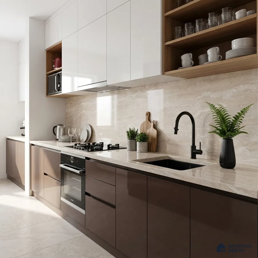 Modern kitchen with glossy brown and white laminate, beige marble backsplash, and countertop