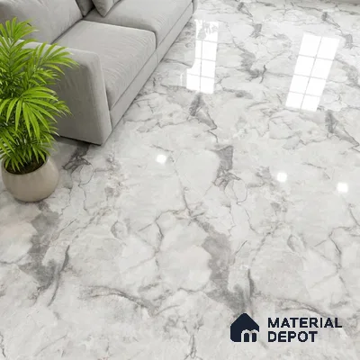 Modern living room with high gloss white marble look floor tiles