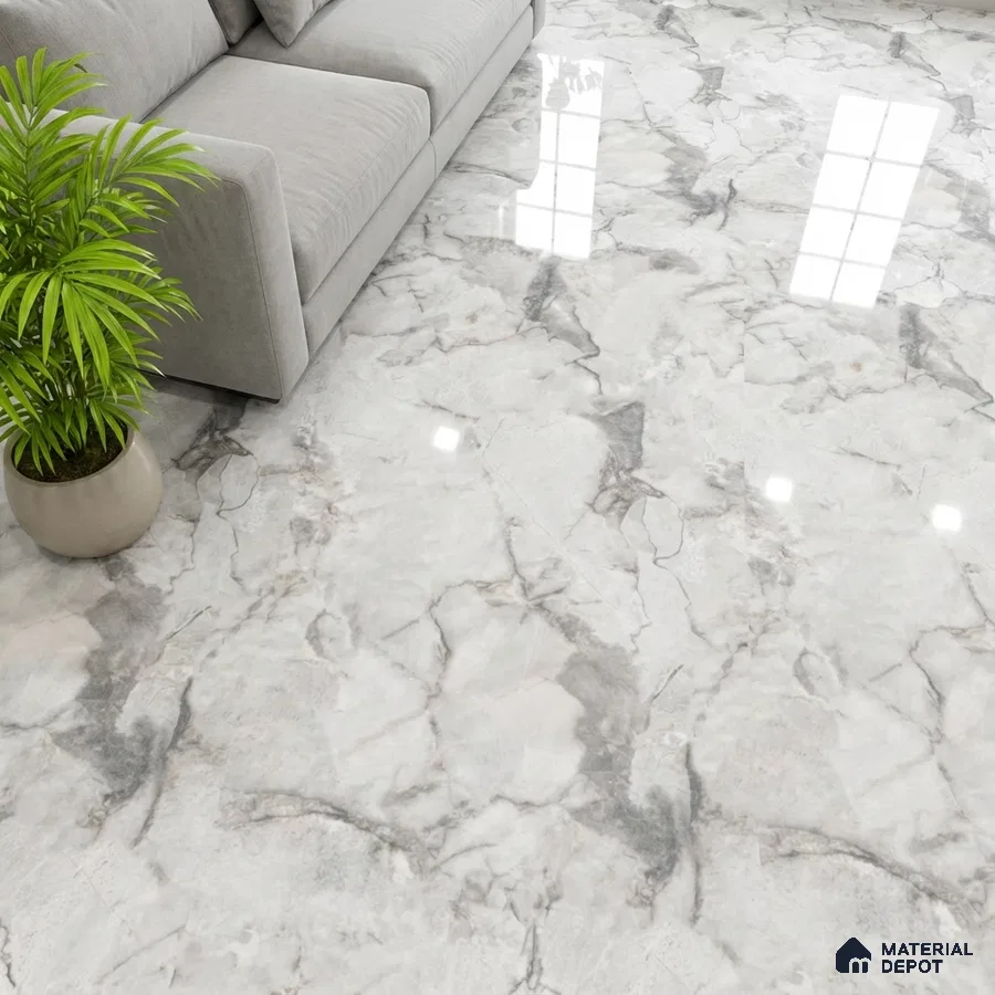 Modern living room with high gloss white marble look floor tiles
