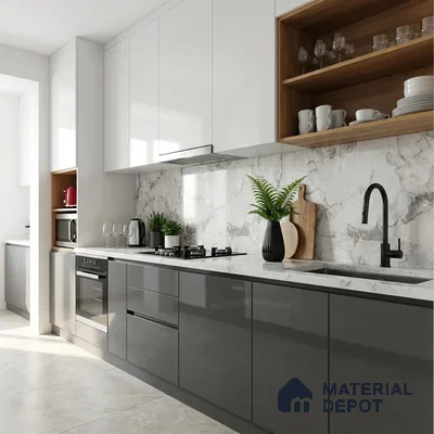 Modern kitchen with high gloss grey and white laminate, marble-look backsplash, and white quartz countertop