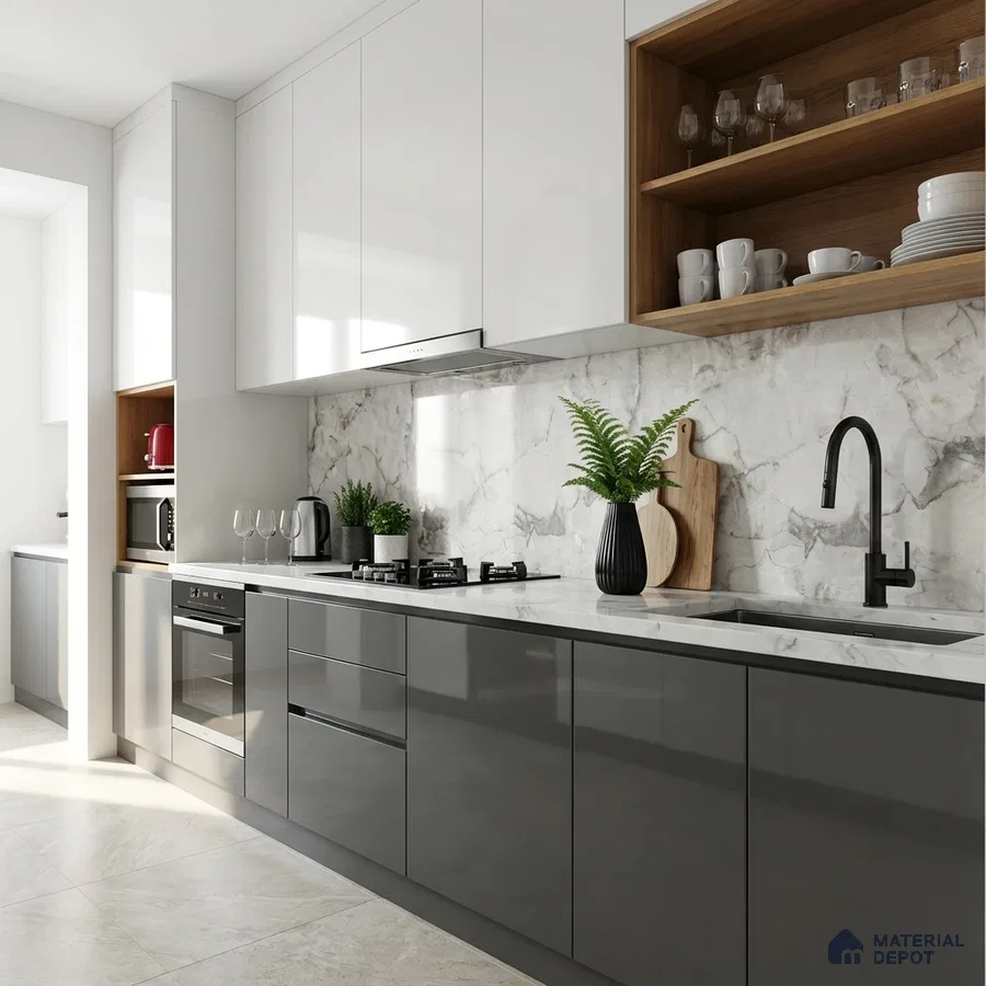 Modern kitchen with high gloss grey and white laminate, marble-look backsplash, and white quartz countertop